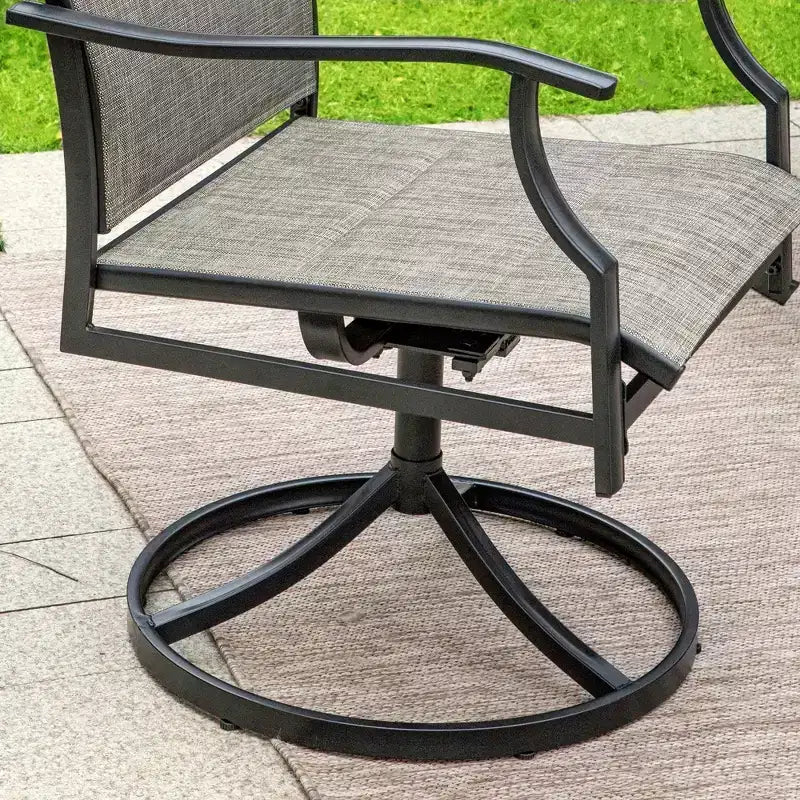 Captiva Designs 7pc Patio Black Slatted Round Steel Table with Umbrella Hole & Grayish Brown Textilene Chairs