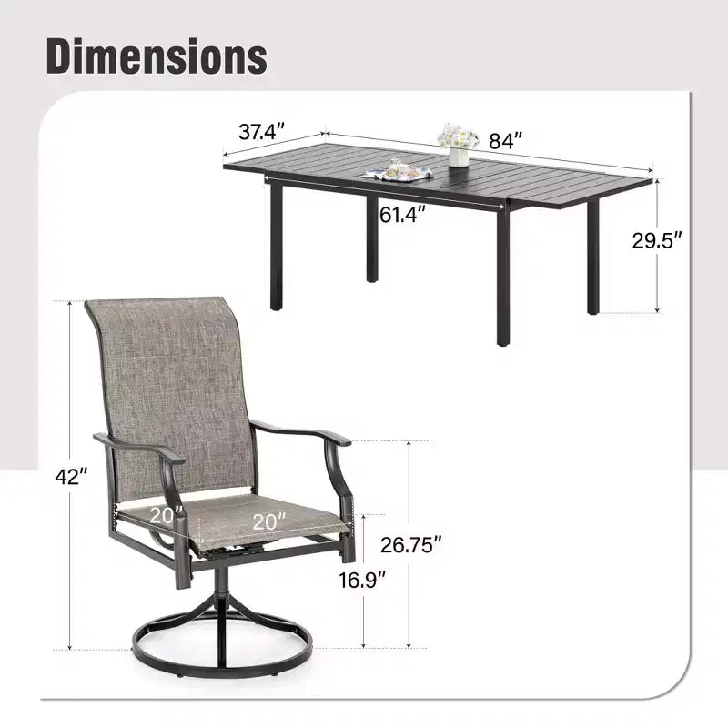 Captiva Designs 7pc Outdoor Slat-top Rectangle Steel Dining Table & Grayish Brown Padded Sling Chairs