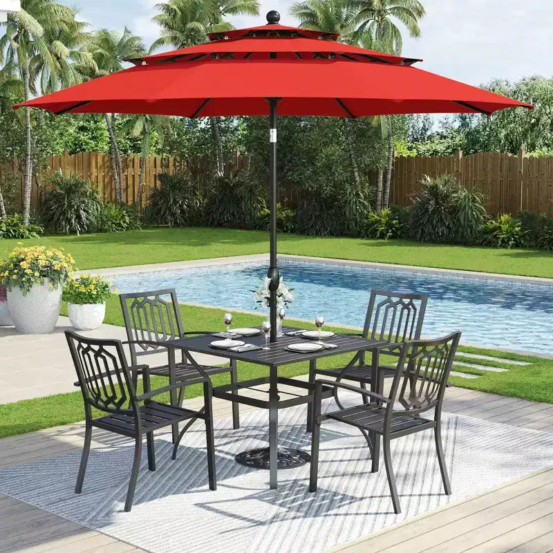 Captiva Designs 6pc Outdoor Patio Square Steel Dining Table with Stackable Metal Chairs and Market Umbrella