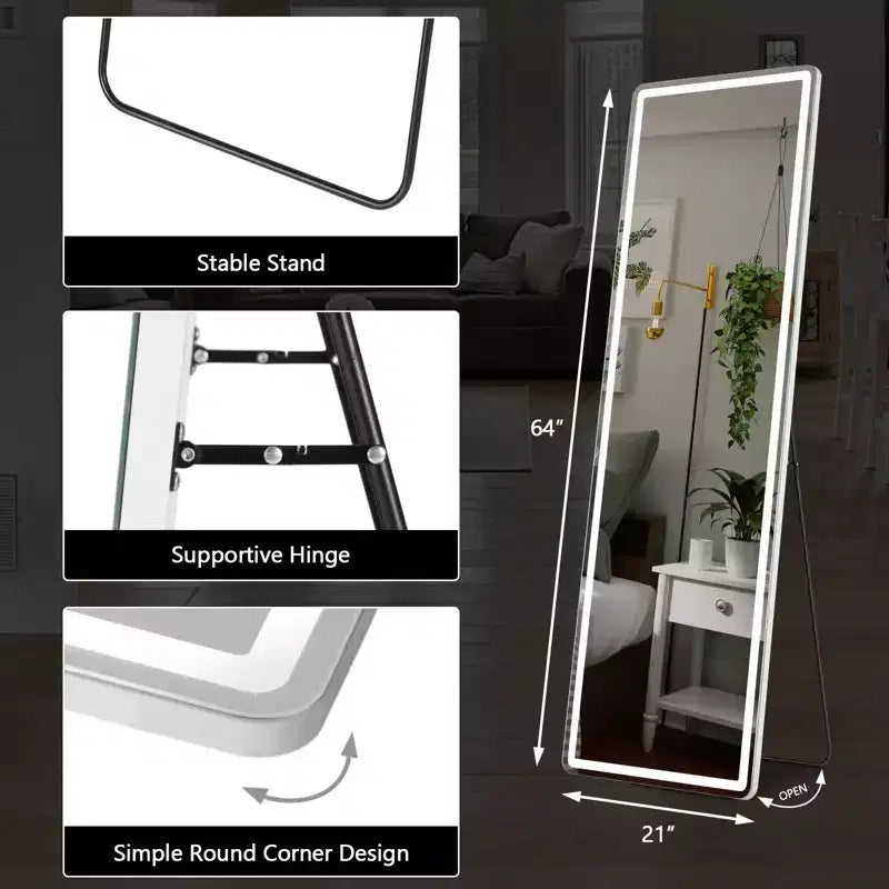 Miroir lumineux sur pied avec lumière LED 3 couleurs, support inclus