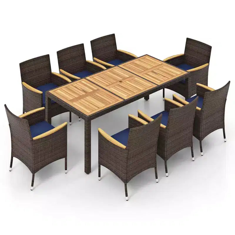Costway Ensemble de salle à manger d'extérieur 9 pièces avec plateau de table en bois d'acacia, pour 8 personnes, bleu marine/beige