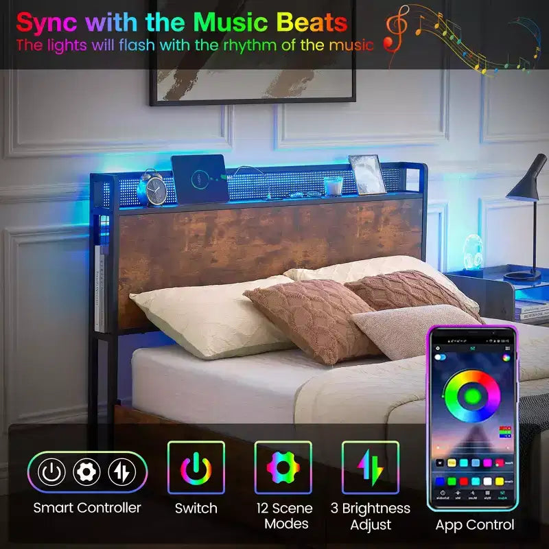 Acekool Bed Frame with Storage Drawers, LED Lights, Charging Station & Strong Wooden Slats