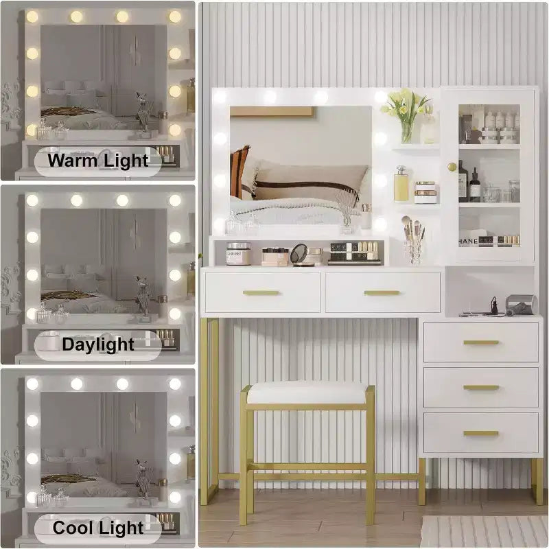 Coiffeuse de chambre avec miroir et lampe, 3 couleurs, coiffeuse en bois avec support de chargement, 5 tiroirs et étagère de rangement ouverte, noir