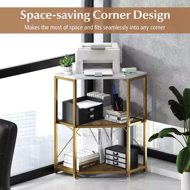 Meuble d'angle Costway pour imprimante avec station de charge, étagère en métal grillagé réglable, noir/marron/blanc