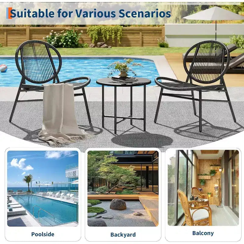 Ensemble de patio 3 pièces, chaises en osier tout temps et table ronde pour balcon, jardin, piscine, cour arrière - Noir