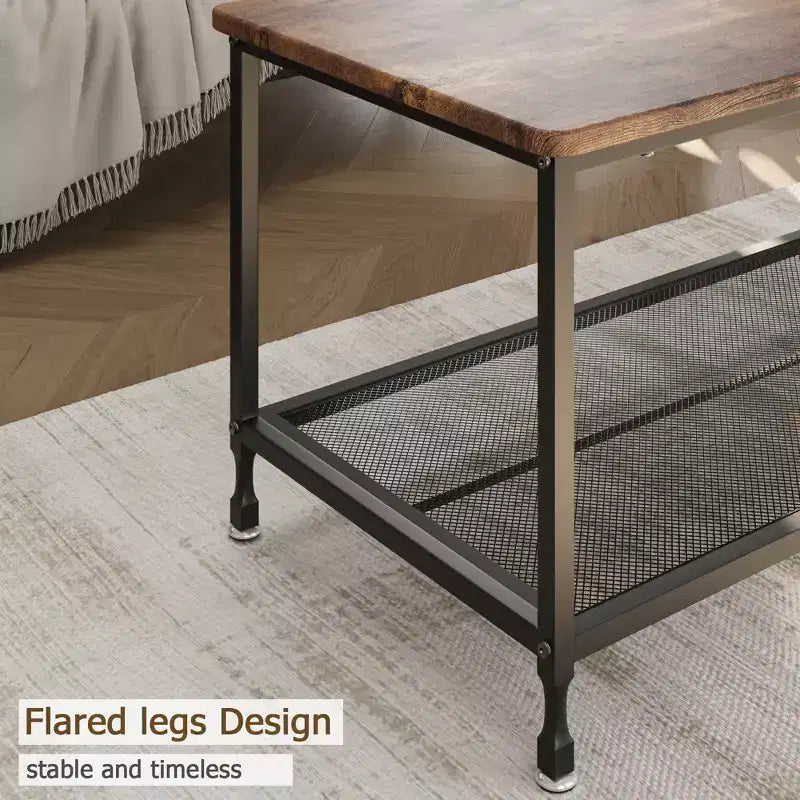 Table basse, table basse rustique à deux niveaux avec étagère grillagée, table de salon de style industriel, table de cocktail avec pieds réglables