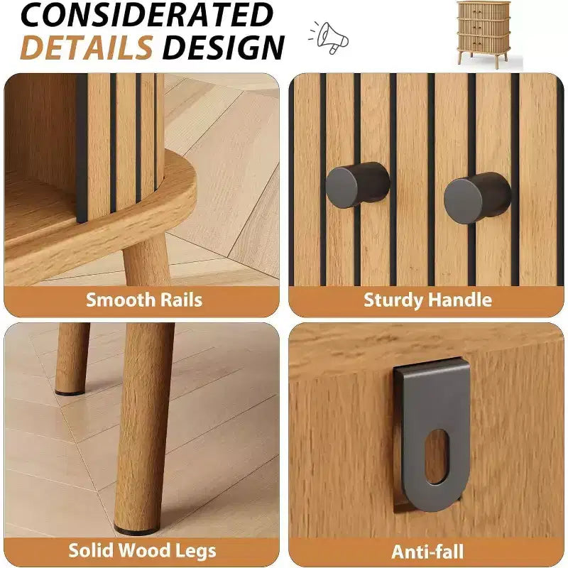 Commode 3 Tiroirs pour Chambre à Coucher, Commode de Rangement Spacieuse en Rotin avec Poignées Noir Mat et Pieds en Bois pour Placard, Couloir, Naturel