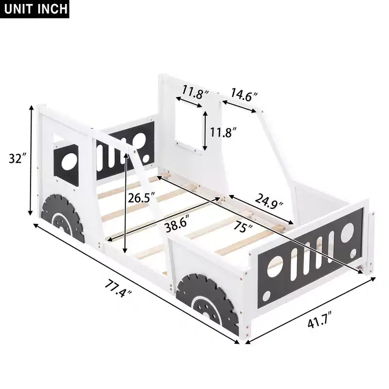 Cadre de lit plateforme Okak Twin/Full avec roulettes Lit en forme de voiture classique avec barrières pour enfants, lattes en bois solides sans bruit, assemblage facile, blanc
