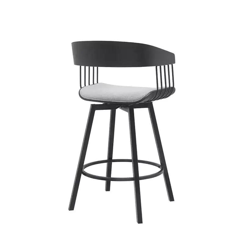 Tabouret de bar pivotant HomeRoots 27 en tissu gris clair et noir avec piètement en métal, hauteur comptoir