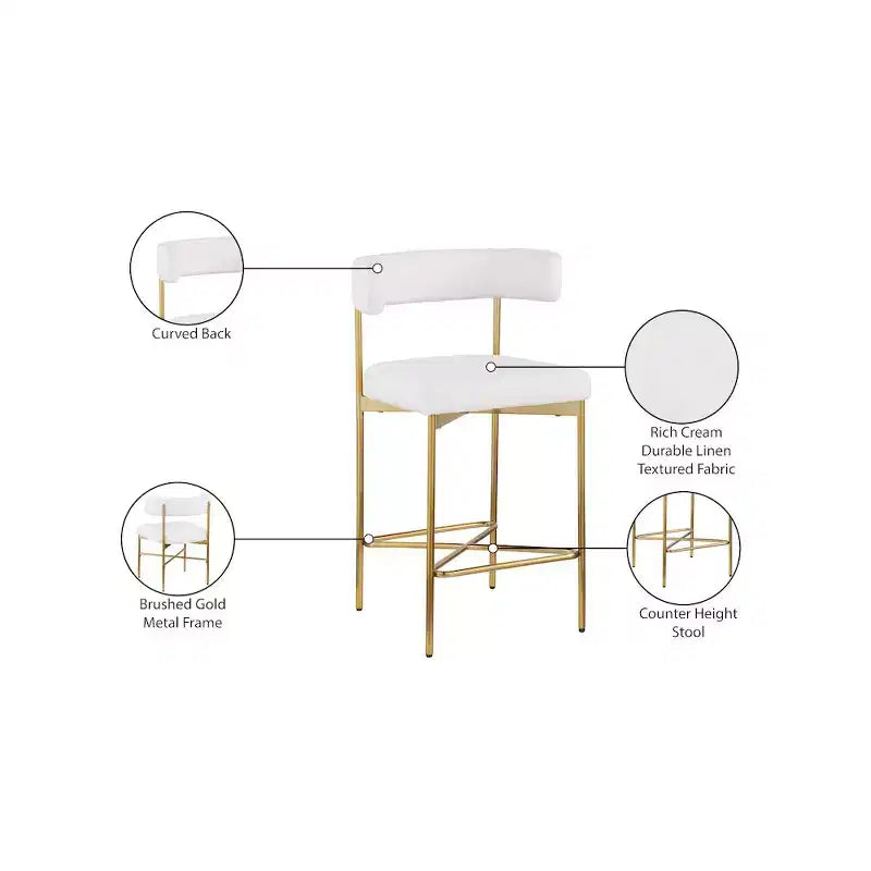Meridian Furniture, Tabouret en tissu texturé lin résistant Rivage Crème, Lot de 2