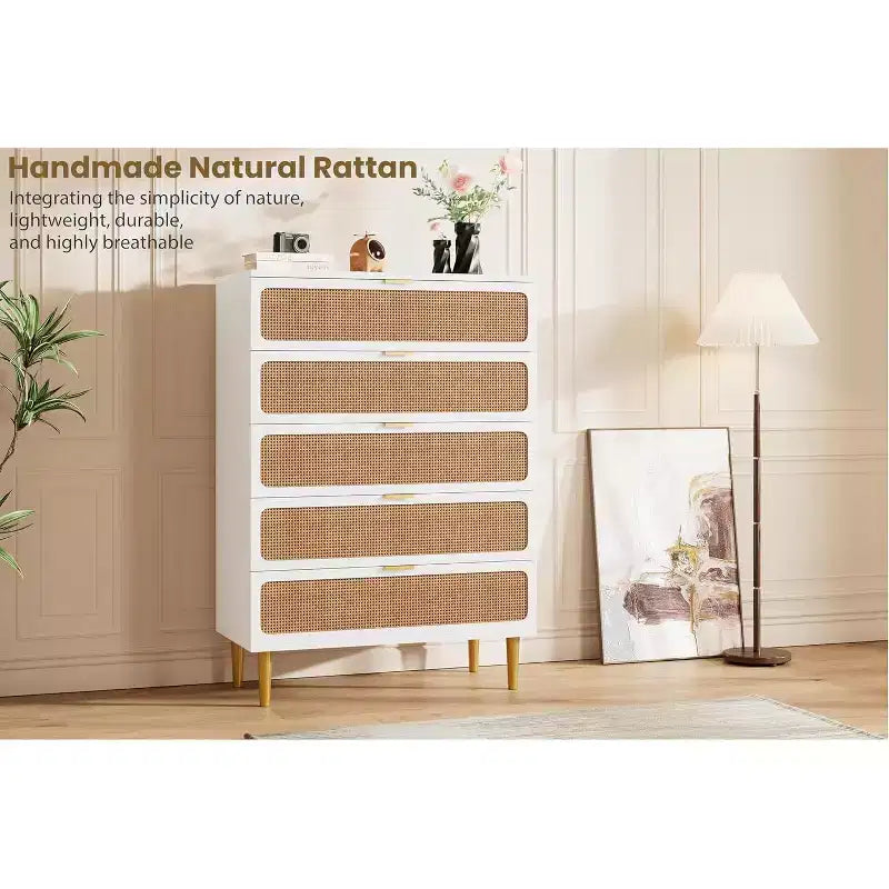 Commode haute en rotin à 5 tiroirs, grand chiffonnier, meuble de rangement en bois sur pied pour chambre, placard, salon