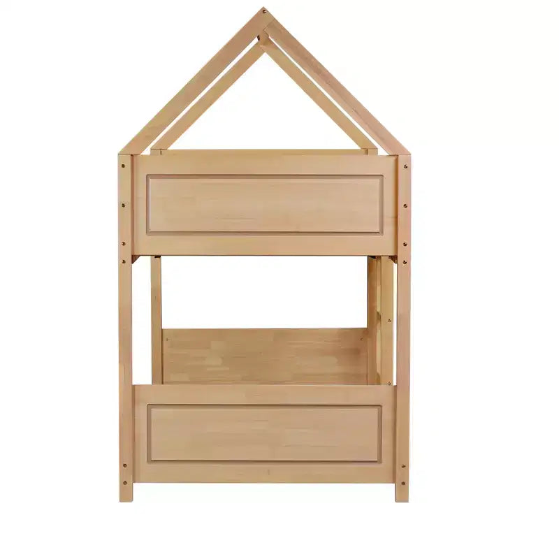 MAYEERTY Twin Rubber Wood Floor BUnk Bed with Ladder, Guardrails, House Shaped Bunk Bed Beige