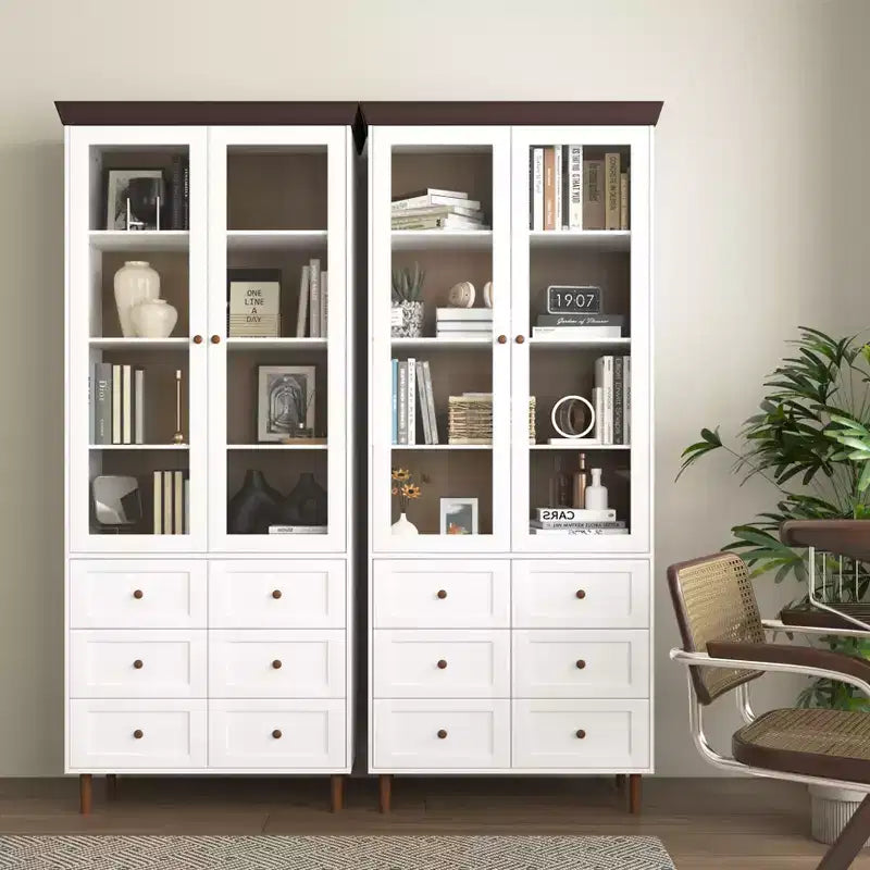 MAYEERTY Meuble de Rangement Blanc en MDF avec Portes Vitrées, Étagères Réglables, Armoire sur Pied pour Cuisine, Salon