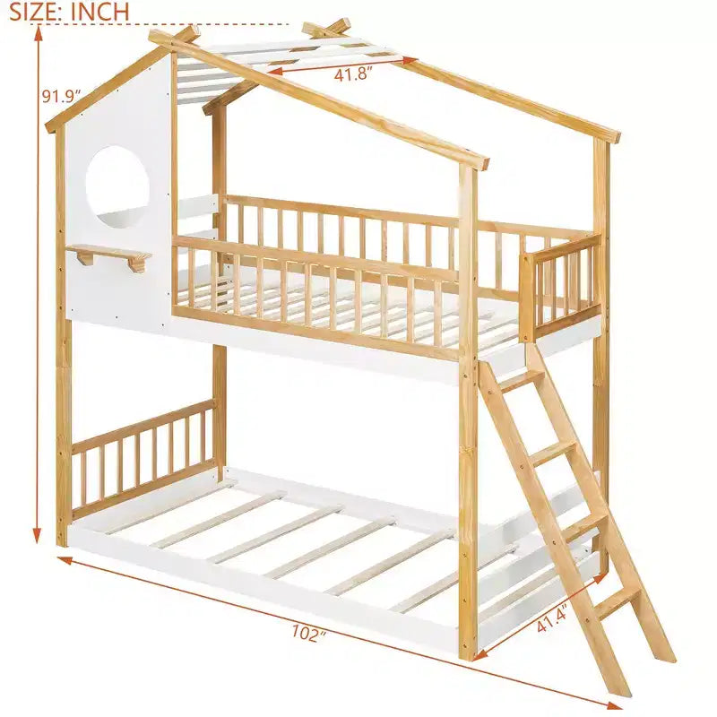 Whisen Twin Over Twin Bunk Bed with Roof, Playhouse Design, Safe Ladder & Railings - Natural