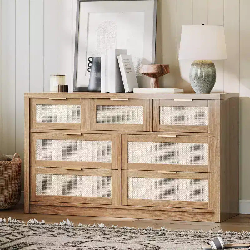 Commode à 7 tiroirs, commode en rotin de 132 cm de large, commode moderne avec poignée en métal, rangement pour vêtements de placard en bois, pour salon, couloir, meuble TV