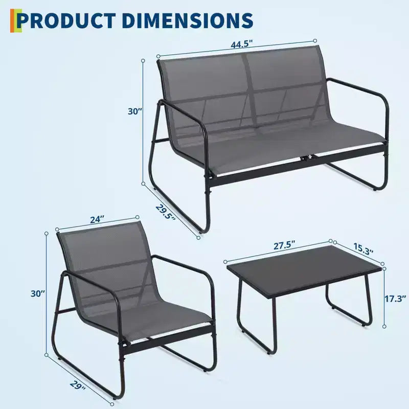 4 Piece Outdoor Patio Conversation Sets, All Weather Textilene Outdoor Table and Chair Set, Small Patio Furniture for Deck Balcony Garden