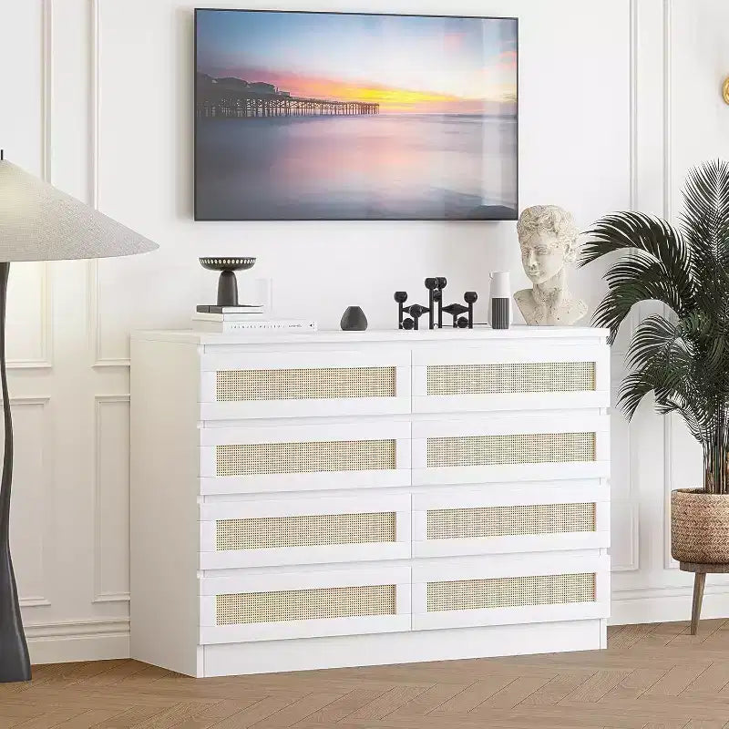 Commode 8 tiroirs CuisinSmart, commode double moderne en rotin, commode en bois pour chambre à coucher, meuble TV et meuble d'appoint