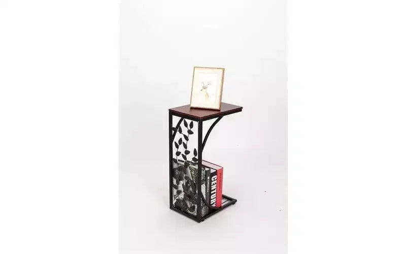Table d'appoint en panneau de densité P2 monocouche, motif feuille de type C, plateau marron, revêtement en poudre noire