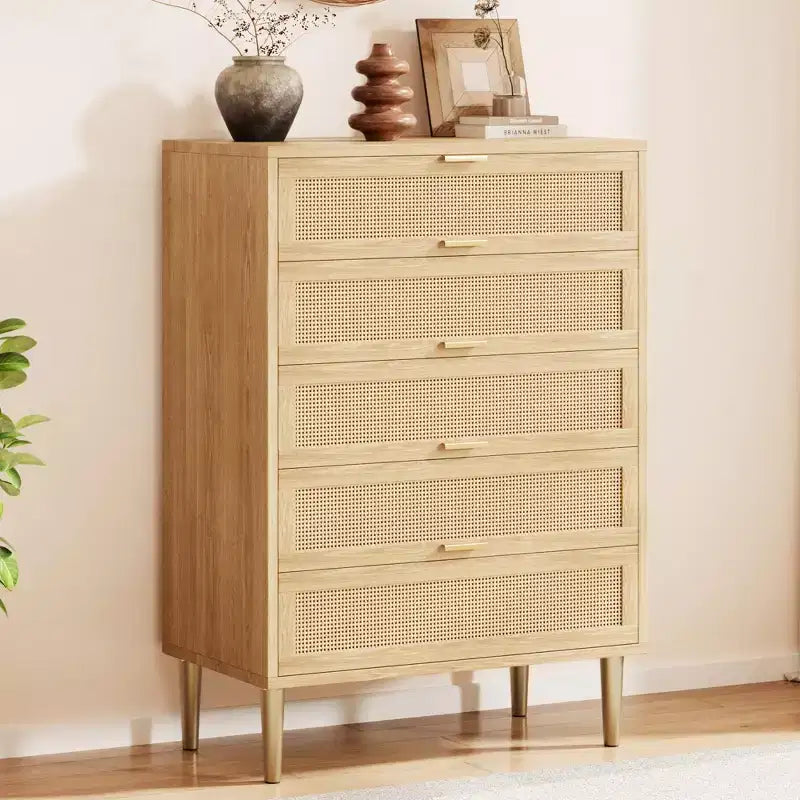 Commode à 5 tiroirs, commode verticale étroite de 112 cm de haut, commode verticale en bois de style fermier avec pieds et poignées en métal, meuble de rangement moderne