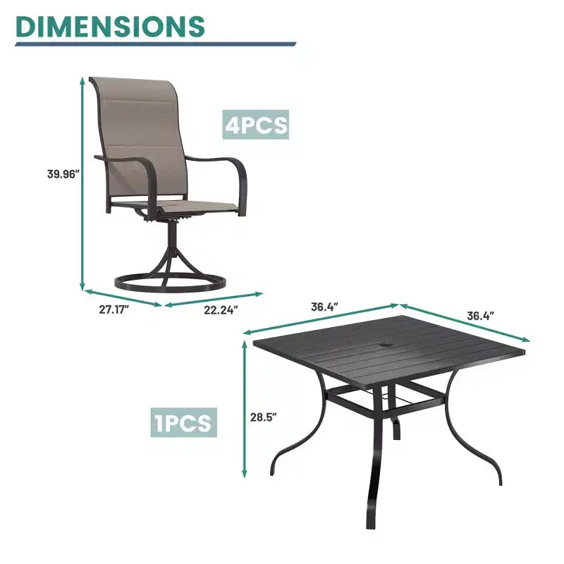 Mondawe 5-Piece Patio Dining Set,Square Table built-in Umbrella Hole & 360 Degree Swivel Chairs Outdoor Set