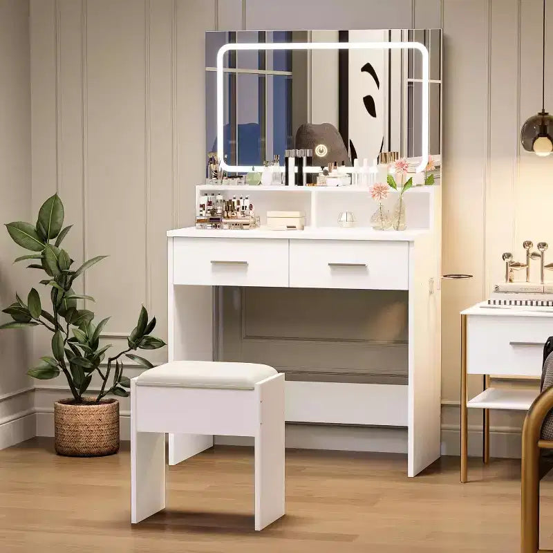 Coiffeuse avec miroir LED réglable 3 couleurs, petite table de maquillage avec prise de courant et 2 tiroirs, coiffeuse moderne et tabouret rembourré.