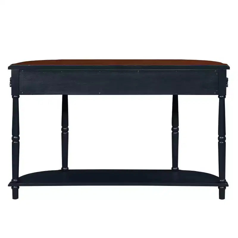 Hostack Table console rétro incurvée en bois de 52 po avec étagère ouverte et 2 tiroirs pour le salon et le couloir, bleu marine et dessus marron