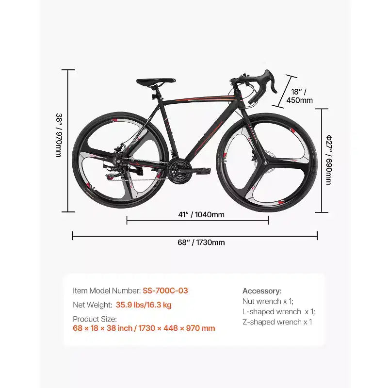 VEVOR Road Bike, 700C Wheels Racing Bike, SHIMANO 21 Speeds Drivetrain System City Commuter Road Bicycle with Carbon Steel Frame, Black