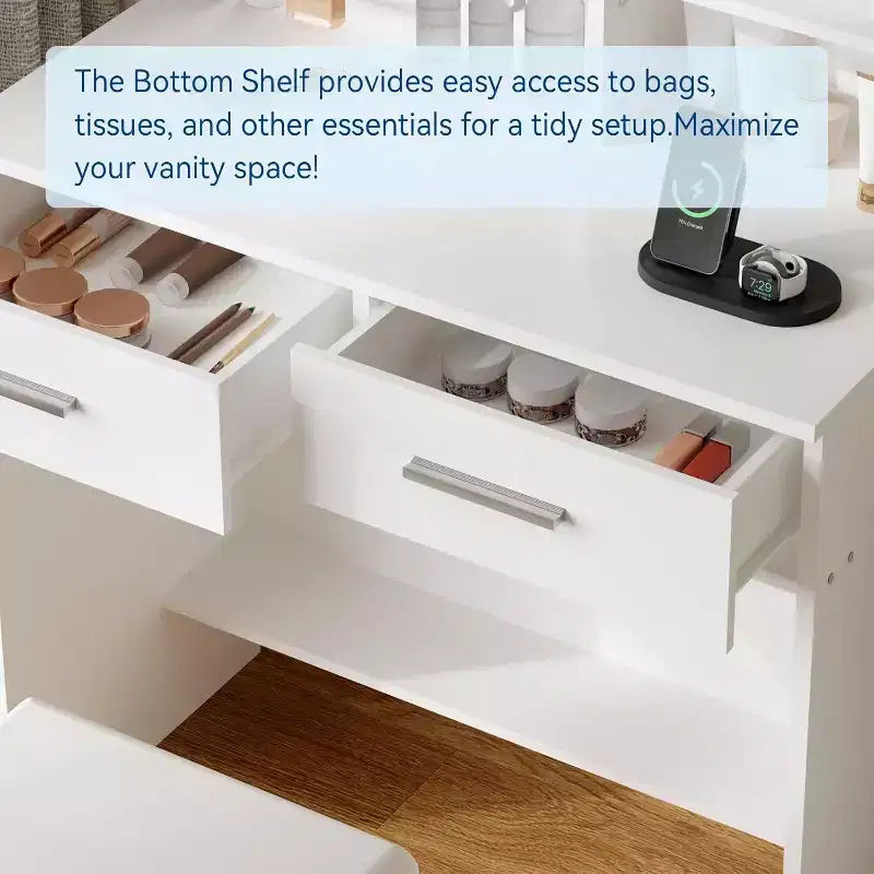 COZONY Vanity Desk with Mirror and Lights, Makeup Vanity Table with 2 Drawers, Open Storage Shelves Cabinet, Adjustable 3 Lighting Modes for Bedroom