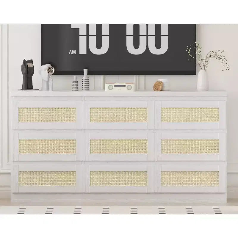 Commode à 9 tiroirs pour chambre à coucher, commodes de 160 cm de long et commode en rotin, style bohème, commode moderne pour salon, entrée, chambre à coucher