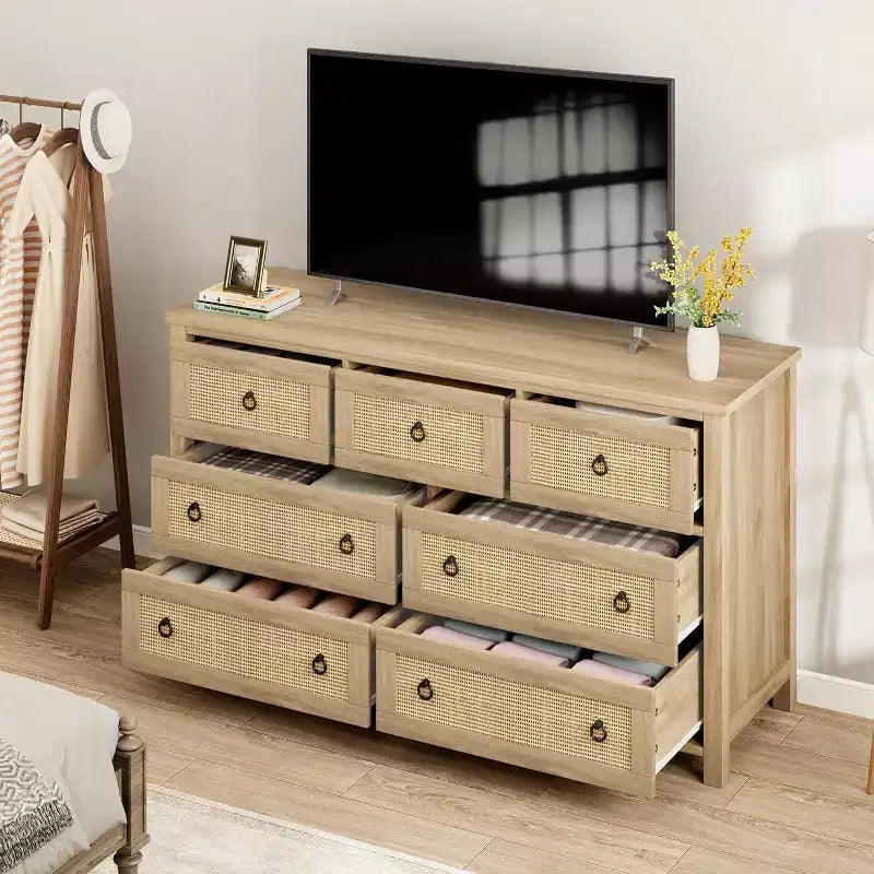 Commode 7 tiroirs en rotin, commode bohème pour chambre à coucher, commode, organisateur de placard, commode en bois naturel pour chambre à coucher, salon, entrée
