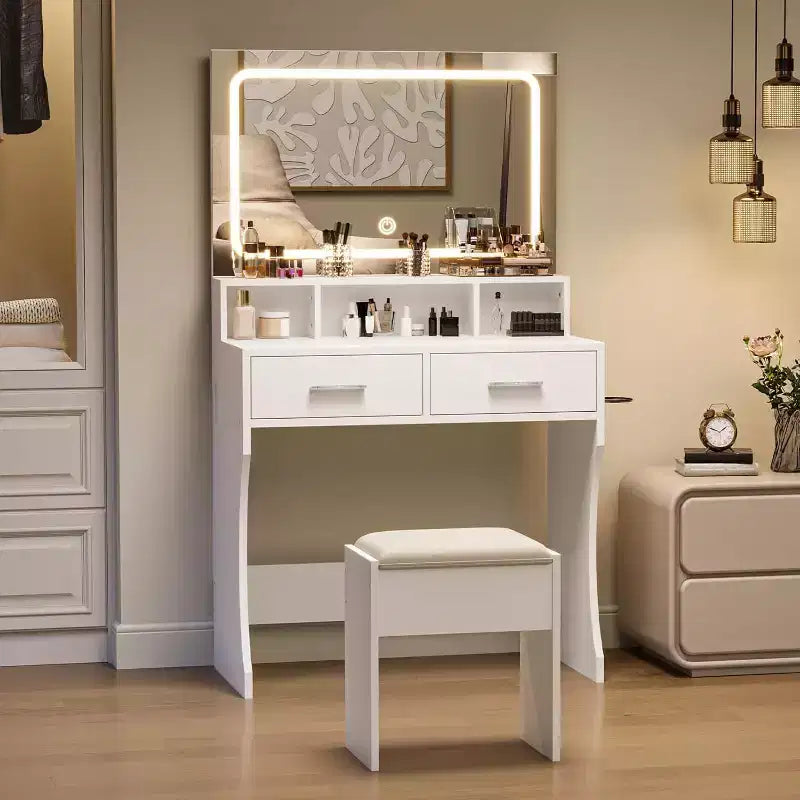 COZONY Makeup Vanity Desk with Mirror and Lights, Girls Vanity Table with Drawers, Open Shelves & Cushioned Stool, Wooden Dressing Table for Bedroom