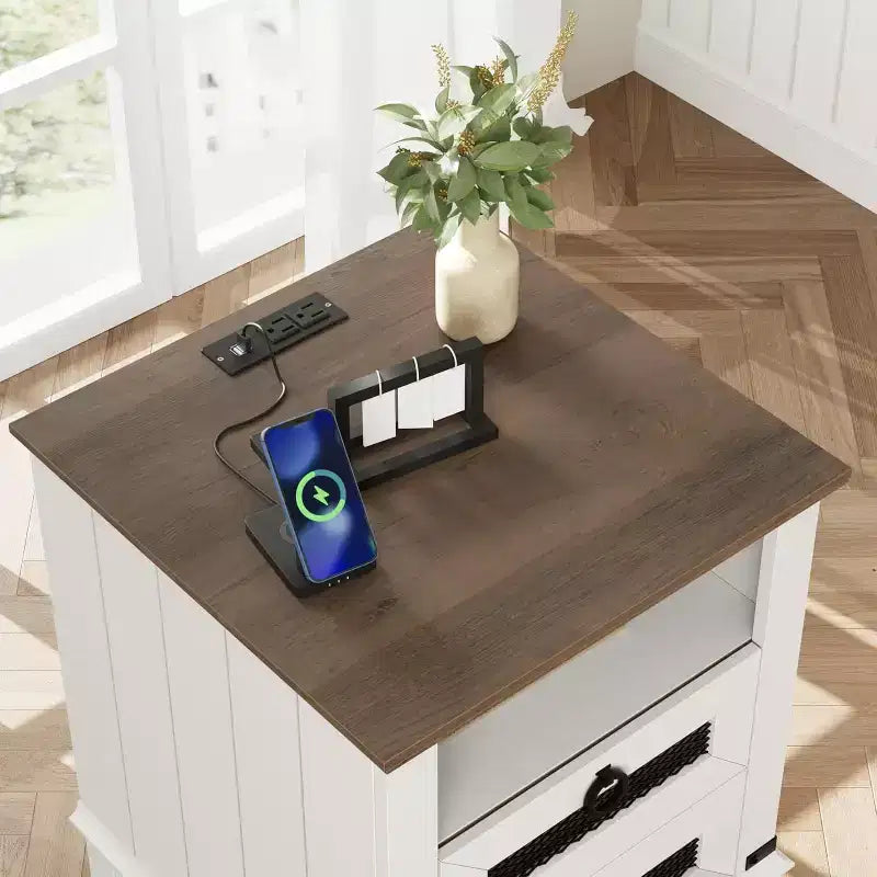Farmhouse Nightstand with Charging Station, Rustic End Table with Drawers and Open Storage Shelf, Bedside Table for Bedroom, Living Room, Brown+White