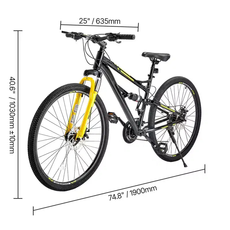 VEVOR Vélo VTT 29 pouces, Suspension Intégrale Double, Dérailleur 24 Vitesses, Freins à Disque Double, Cadre en Alliage d'Aluminium, Noir et Jaune