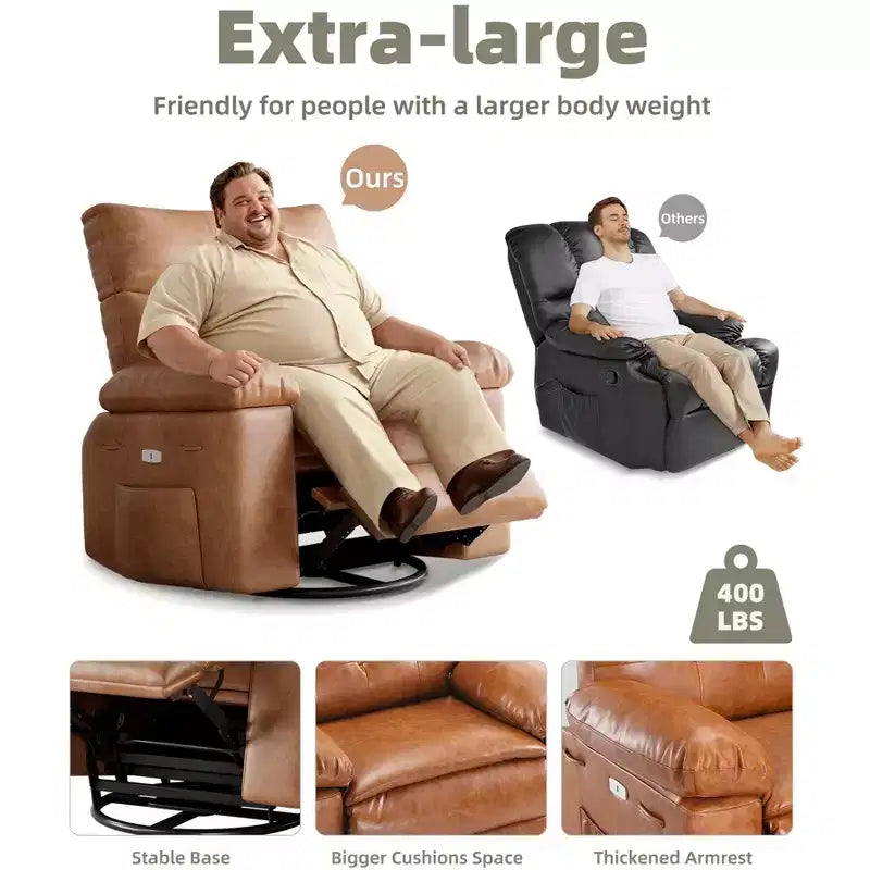 PU Leather Manual Recliner, 360 Degree Rotating Adult Rocking Chair with Side Pockets, Modern Single Sofa Recliner, Beige