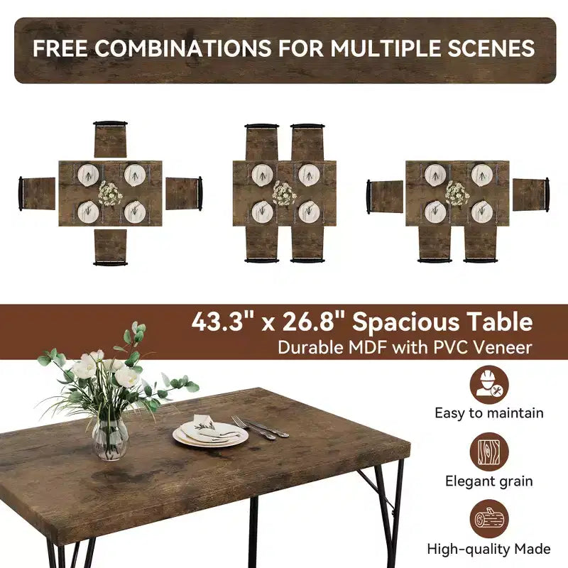 Dyonery 5-Piece Dining Table Set for 4 People, 43.3 Small Kitchen Table Set with 4 Armless Chairs, Solid Wood Top & Metal Legs, Easy Assembly