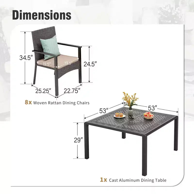 Captiva Designs – Ensemble de salle à manger d'extérieur 9 pièces, table carrée en fonte d'aluminium avec trou pour parasol et chaises en rotin tressé rembourrées