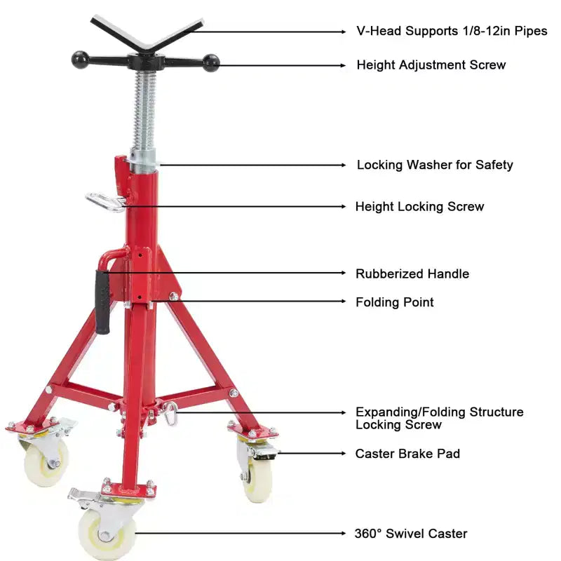 Support de tuyau, Support de trépied pour tuyaux avec roulettes, 71-132 cm de hauteur réglable, tête en V, pieds pliants
