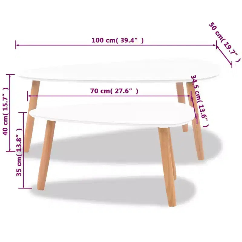 Tables basses, lot de 2, blanc, pin massif, MDF, moyennes, durables