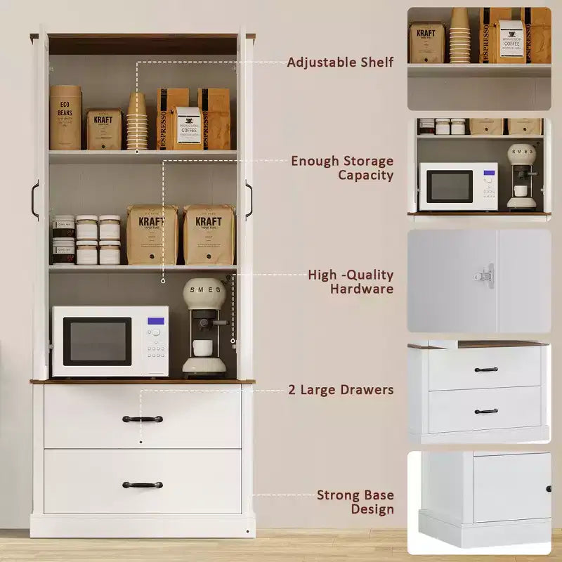 Modern Kitchen Pantry Closet with Adjustable Shelves and 2 Doors and Drawers, Cupboard for Dining Room, Living Room, White & Rustic Grey