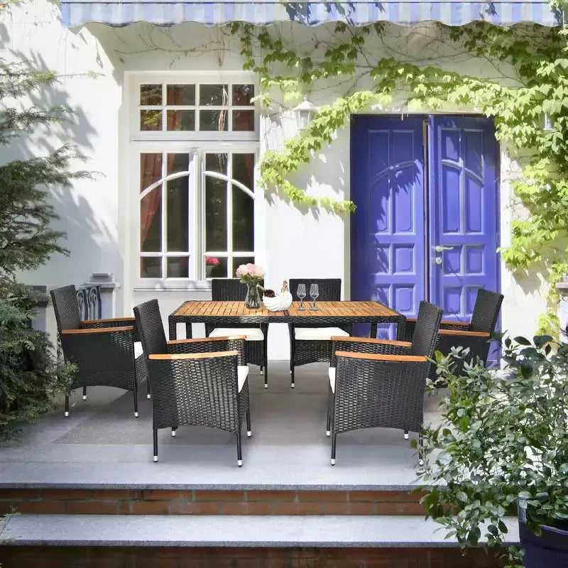 VINGLI Ensemble de salle à manger d'extérieur 7 pièces, mobilier de jardin en osier pour 6 personnes avec table en bois d'acacia, table et chaises d'extérieur pour jardin