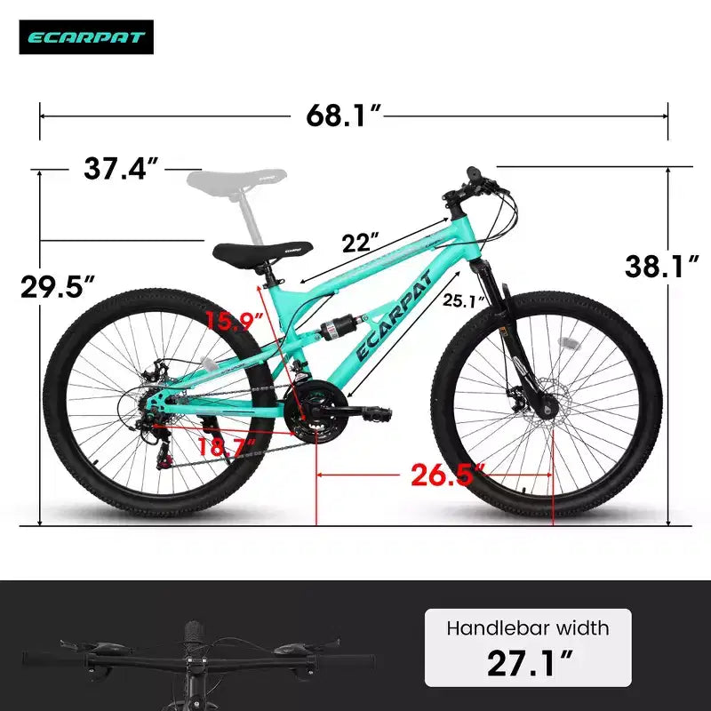VTT Whisen 26 pouces unisexe avec cadre en acier, fourche et amortisseur, 21 vitesses