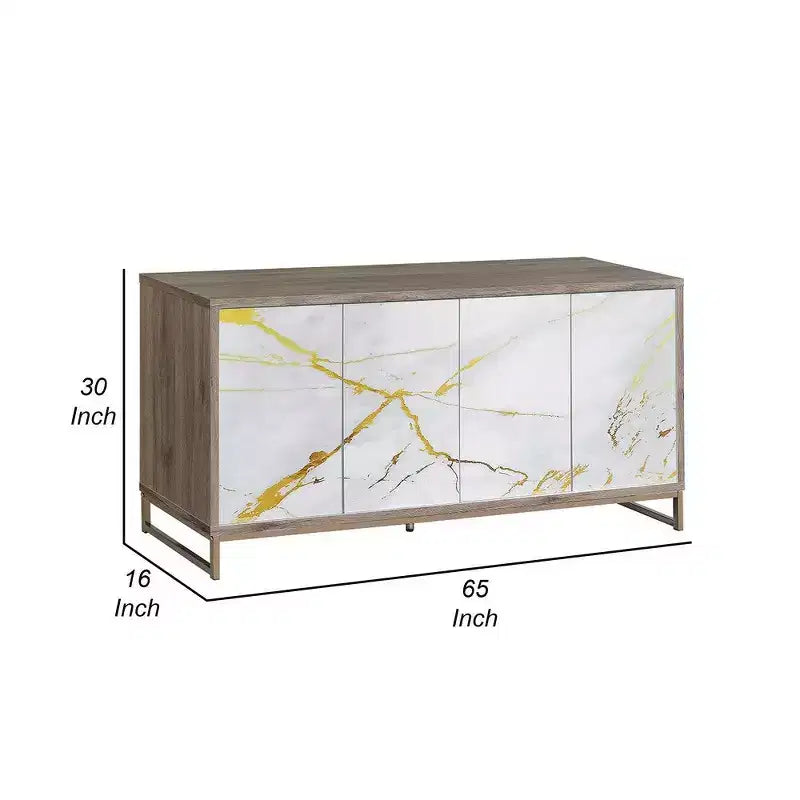 Royal Hampton Sideboard Console Cabinet, White Marble Look 4 Door Brown 65 Inch