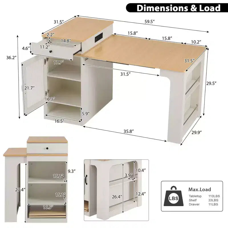 Okak Îlot de cuisine avec table extensible, table d'îlot de cuisine avec rangement double face et prise de courant, chariot de cuisine pour salle à manger