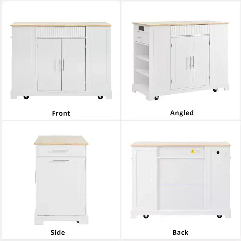 Îlot de cuisine noir cannelé de 48,5 pouces avec meuble de rangement pour poubelle, îlots de cuisine roulants sur 5 roues pour poubelle de 10 gallons
