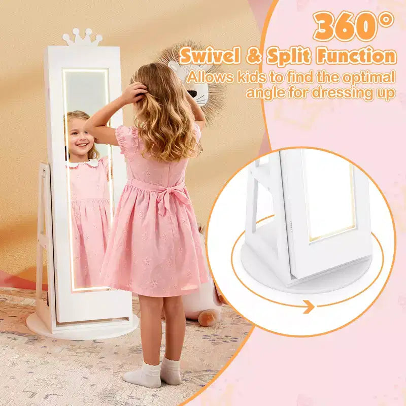 Armoire à bijoux pivotante Costway pour enfants avec lumières, miroir pleine longueur et miroir intégré