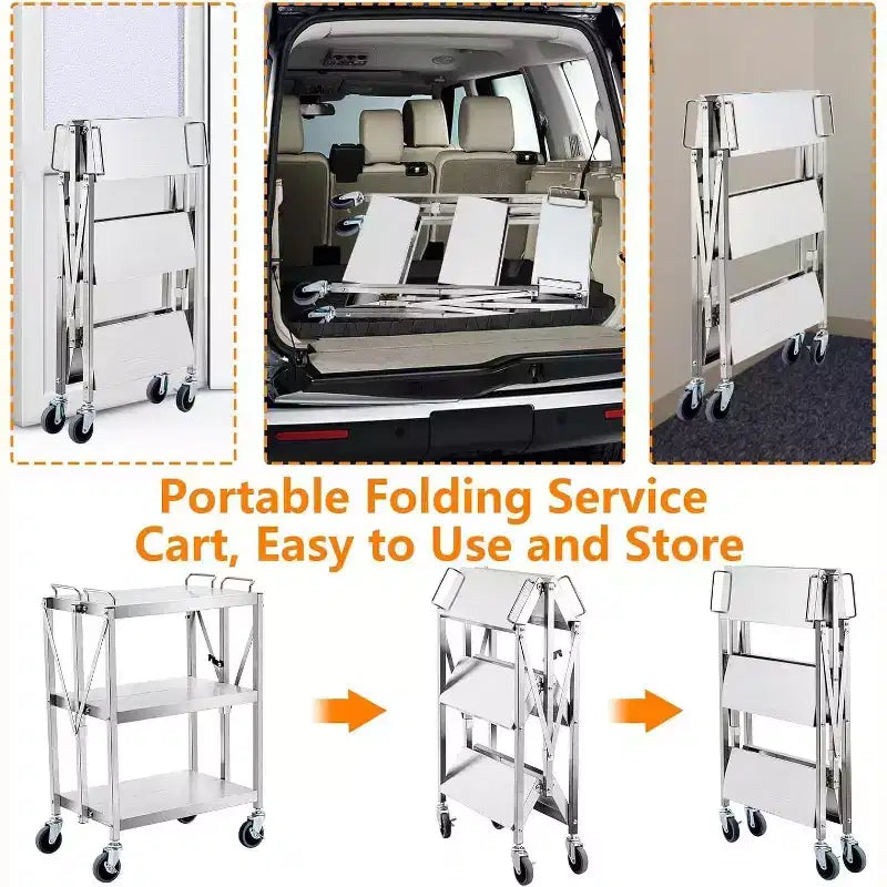 Chariot de service pliant à 3 niveaux en acier inoxydable, capacité de 136 kg, chariot roulant portable pour cuisine et atelier