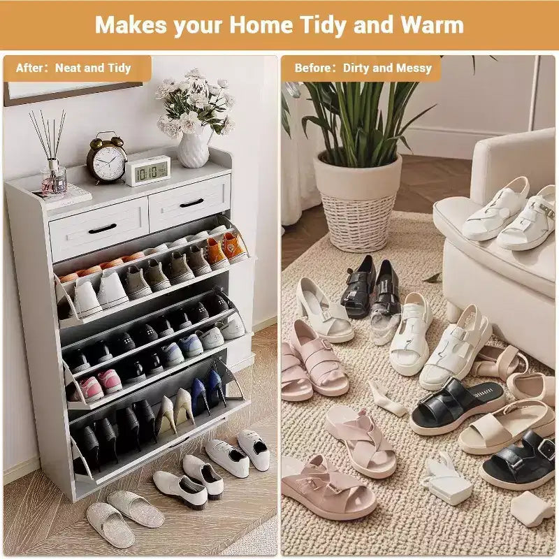 Meuble à chaussures avec 3 tiroirs basculants et 2 tiroirs, meuble à chaussures en bois caché pour entrée, meuble de rangement à chaussures sur pied, étagère à chaussures étroite