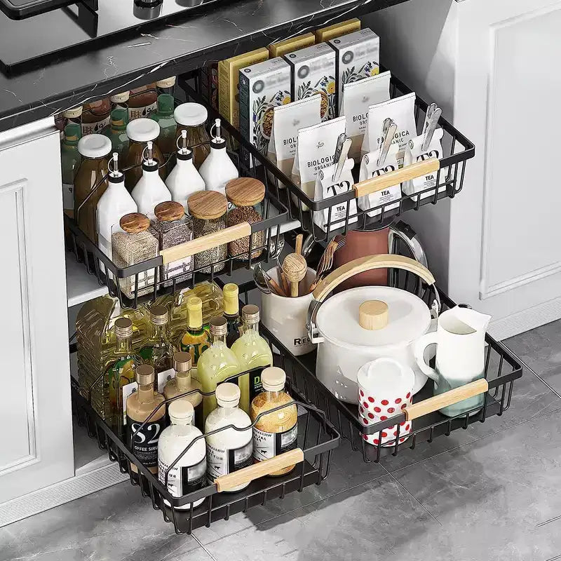 Black Carbon Steel Under-Cabinet Pull-Out Organizer Racks, No-Drill Spice Bottle Storage Shelves for Kitchen