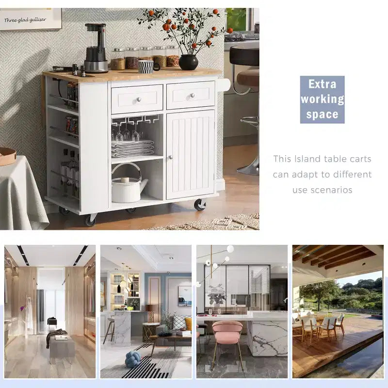 GDFStudio Patsy Movable Kitchen Island with Power Outlet, Drop Leaf and Rubber Wood Top