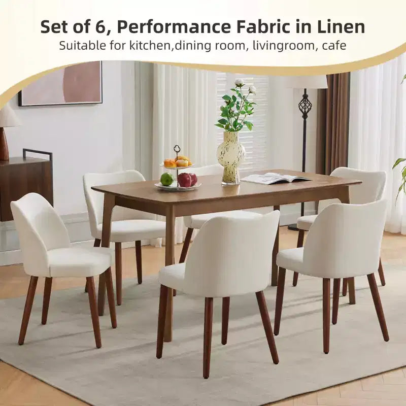 Set of 4 Modern Linen Upholstered Dining Chairs, Armless Kitchen Chairs with Wood Legs, Wing Backrest, Leveling Feet, Space-Saving Design, White